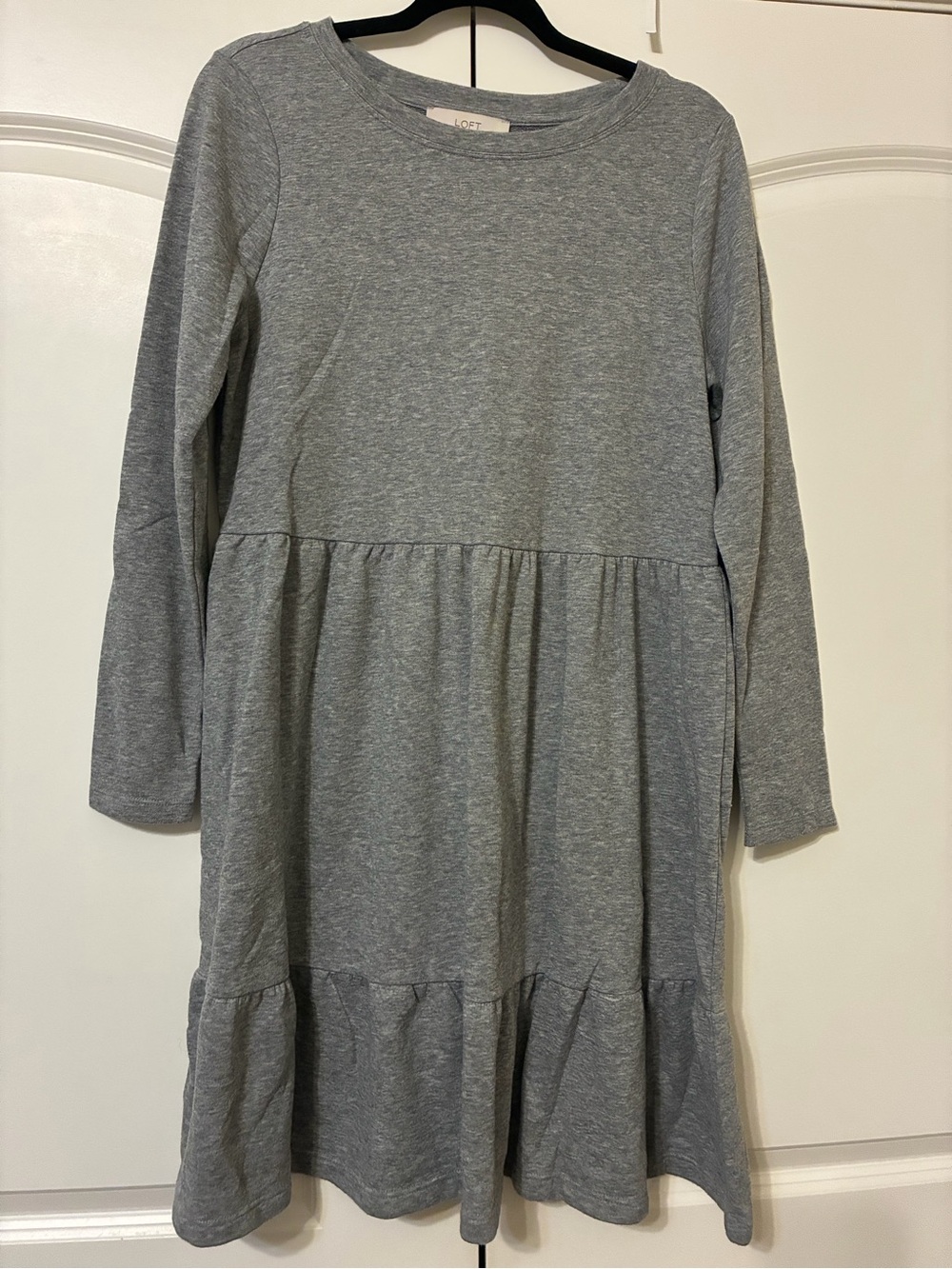 LOFT Heather Gray Long-Sleeve Tiered Midi Dress
